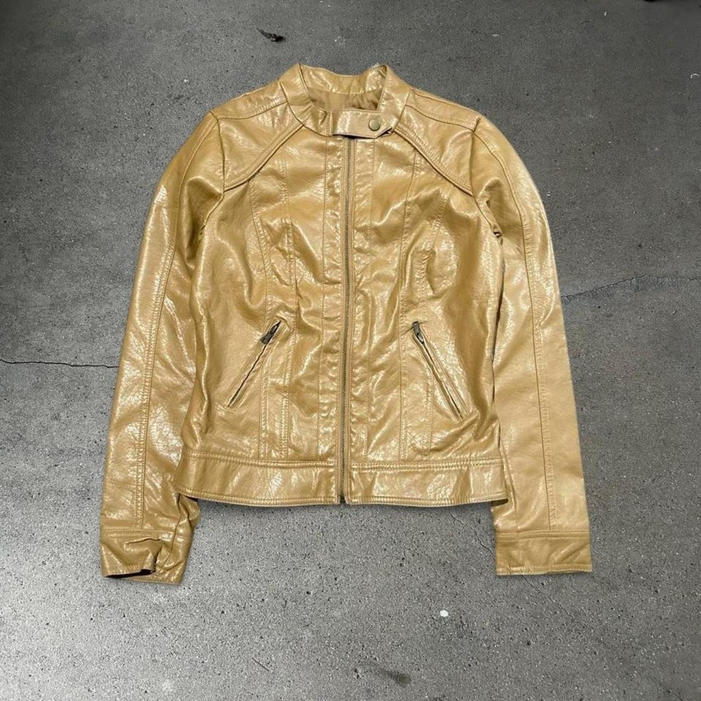 Y2K women's Carmel brown faux leather cafe racer style jacket Size S